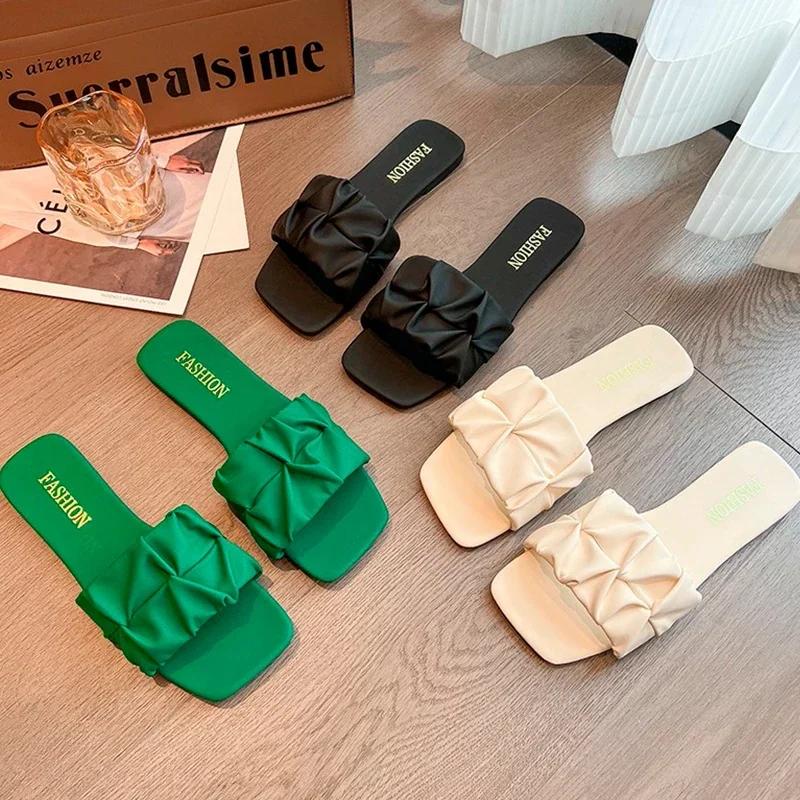 Summer Slippers For Women Flip Flops Flats 2025 New Pleated Korean Slippers Women Sandals Green Slip On Shoes Big Size 35-42
