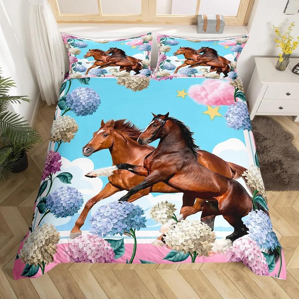 Pferde-Bettwäsche-Set für Mädchen Rustikales Bauernhofpferd Bettbezug Queen Rosa Kirschblüten-Deckenbezug Farbverlauf-Tagesdecke