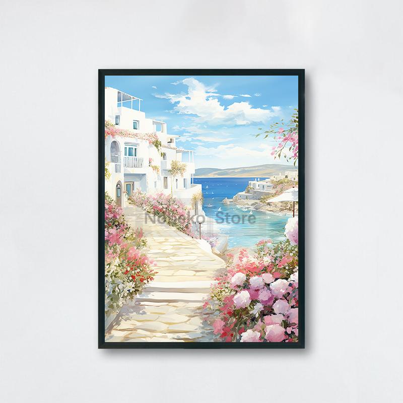 Watercolor Style Mediterranean Coast Sea Poster Seaside Landscape Prints Canvas Painting Wall Art Pictures Home Room Beach Decor