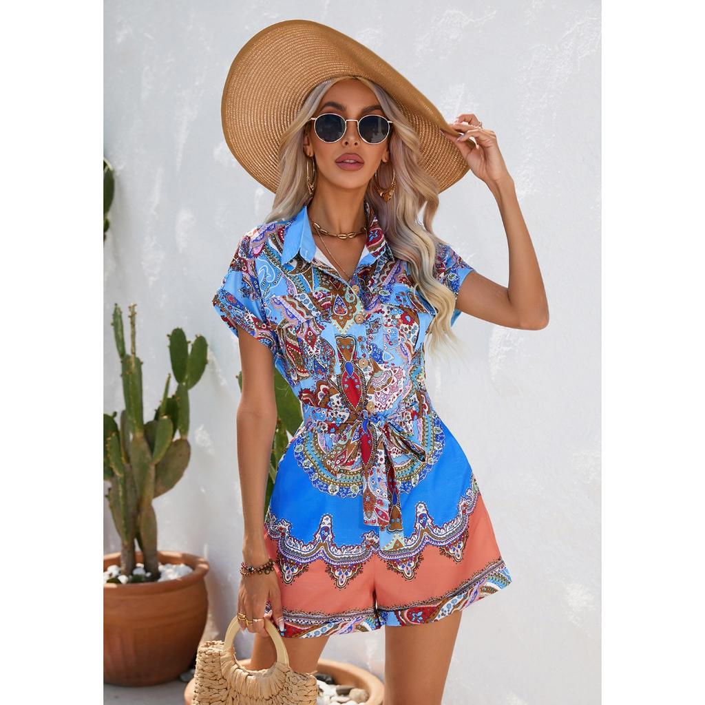 Summer Ethnic Print Short Sleeve Shorts Romper Women's Casual Outfit European American Style Crossborder Women Apparel