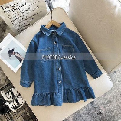 Dívčí džínové šaty s volánky v korejském stylu - Jarní a podzimní trend s dlouhým rukávem
