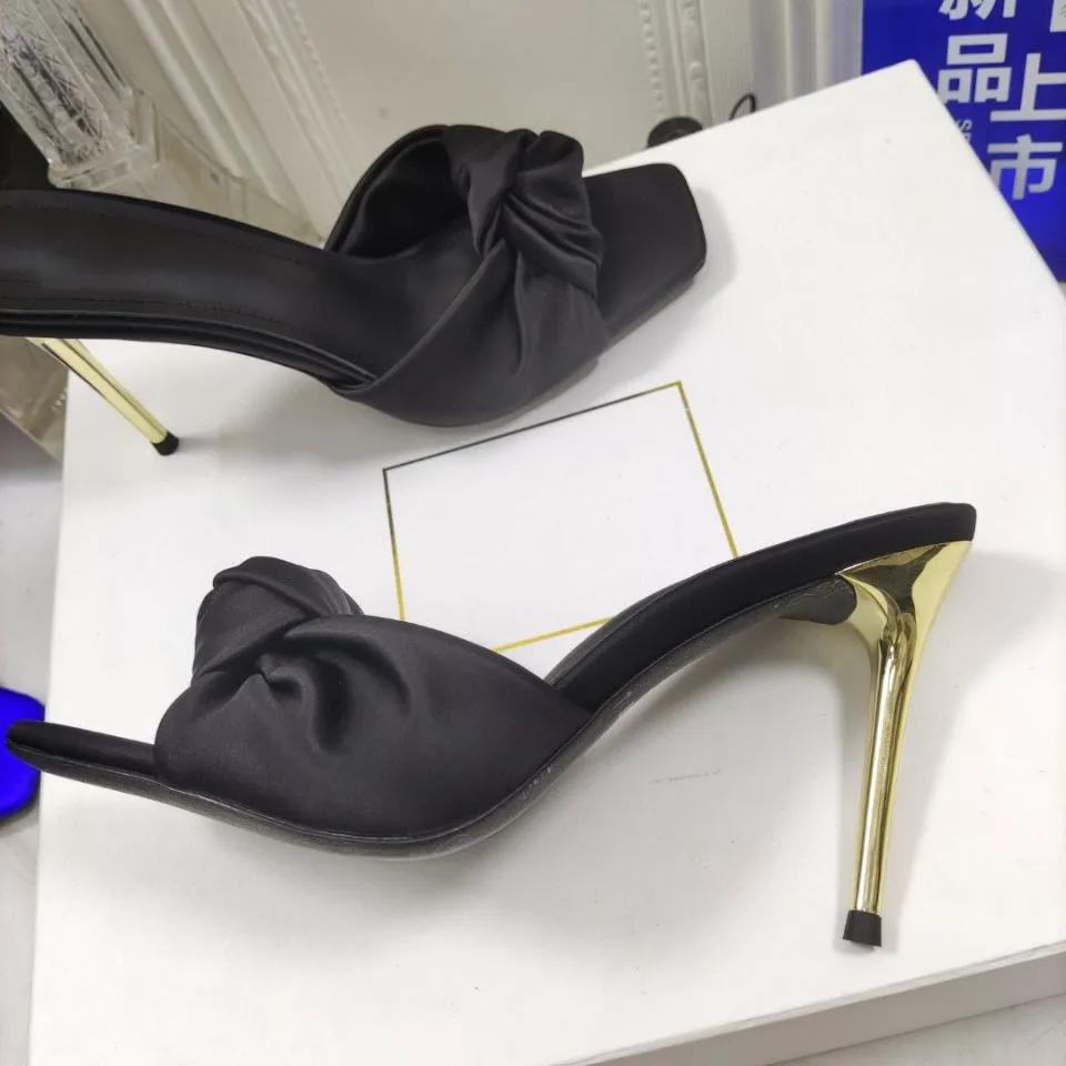 Fashion Satin Butterfly Knot Women Sandals Metal Thin Heel Sexy Square Toe High Heels Ankle Buckle Fashion Sandals Solid Color Shoe