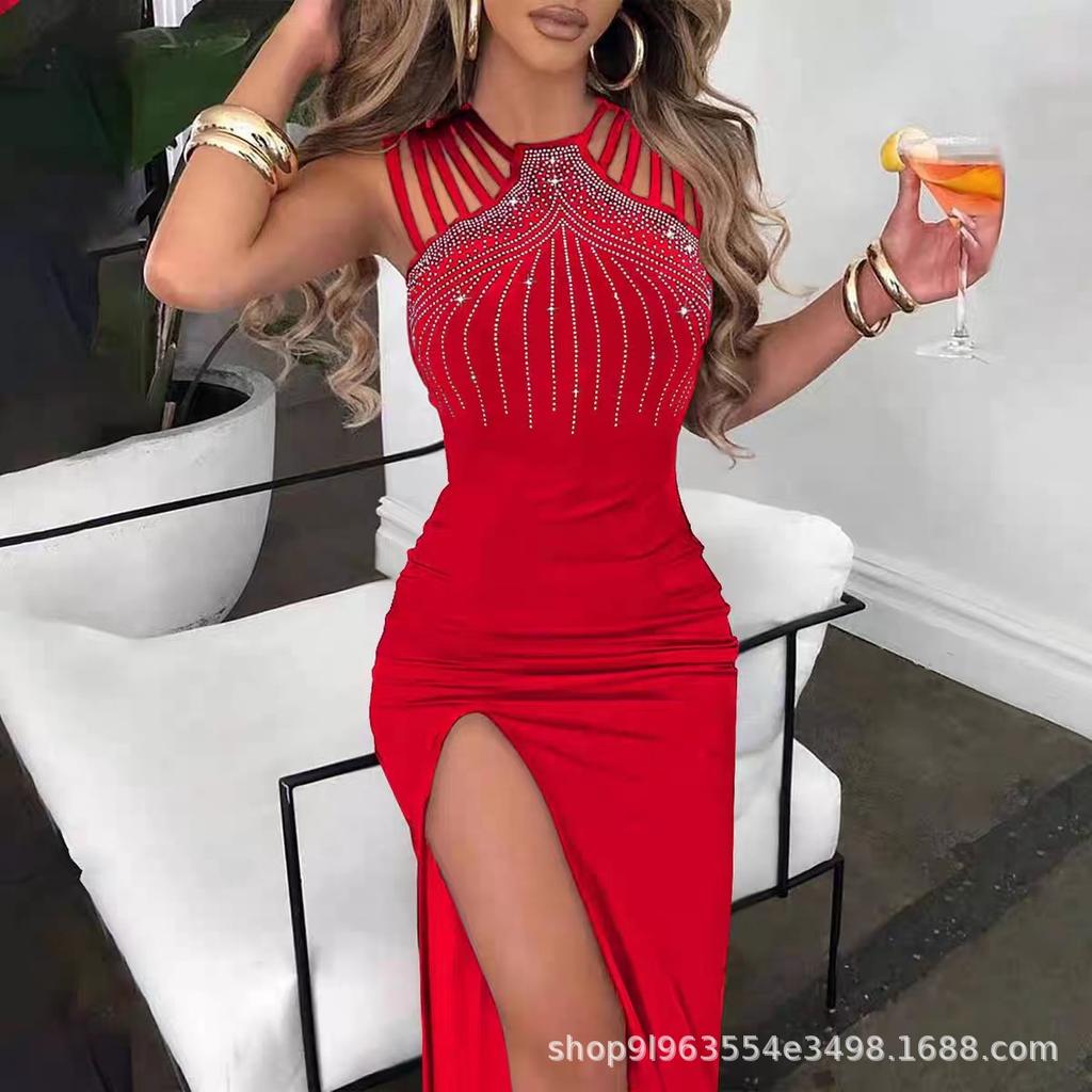 Abito aderente senza maniche impreziosito da strass con spacco laterale Elegante Abito da sera formale Vestibilità attillata Lunghezza lunga Abito da festa