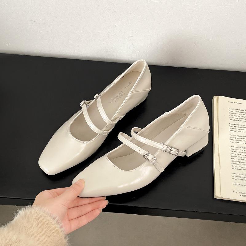Square Toe Low Heel Women Silvery Mary Jane Shoes Fashion Elegant Belt Buckle Shoes Ladies Comfort Street Style Leather Shoes