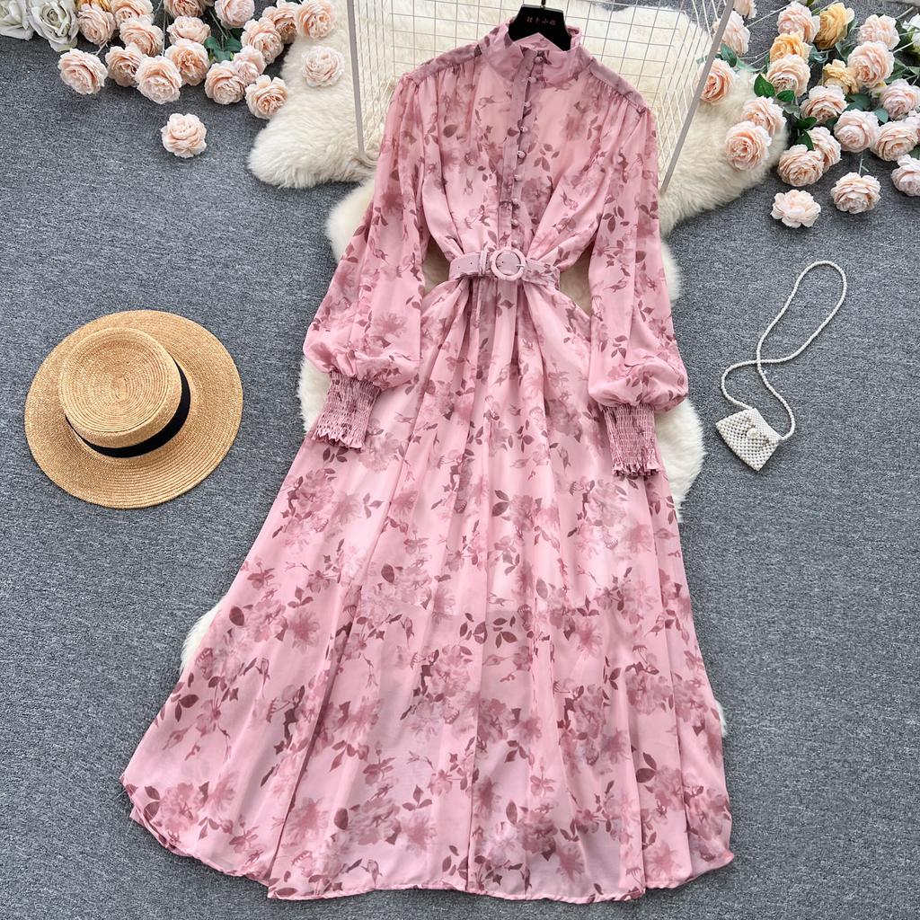 Autumn Elegant Dresses for Women Long Puff Sleeve Stand Collar Lapel Single Chiffon Floral Print Vestidos Skinny Dress Dropship