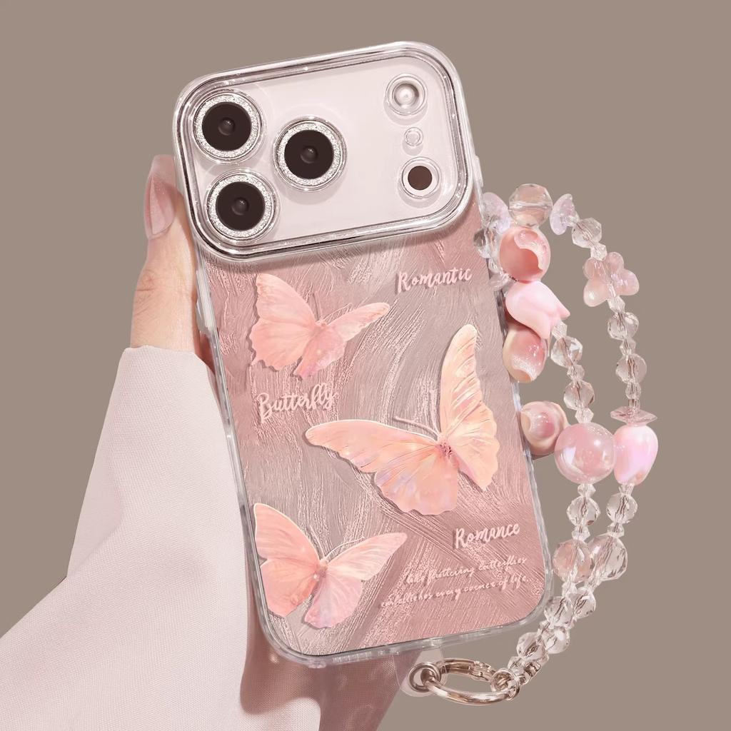 Pink butterfly mobile phone case is suitable for Apple 16 Pro feather yarn 15 with lanyard 14 spring 13 sets of iphone17 new.