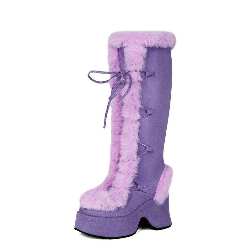 Women's Lavender Platform Knee-High Boots | Fuzzy Accent, Sweet & Edgy Essential Fashion Footwear