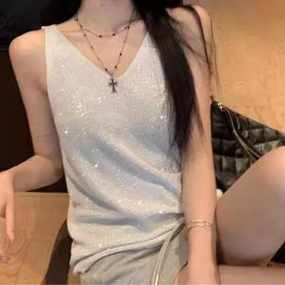2024 Καλοκαίρι Σέξι Κορεάτικο Στυλ Αμάνικο V-Λαιμόκοψη Πλεκτό Lurex Τοπ Κάμισολ