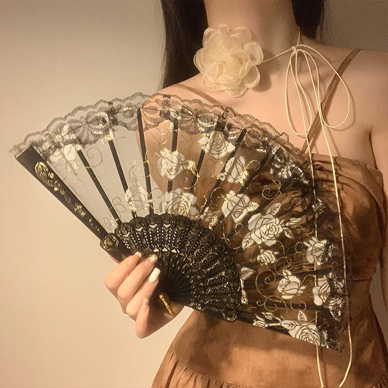 Lace Rose Fan Women Summer Folding Fan Dance Special Ancient Folding Handheld Photo Prop Holiday Birthday Gift