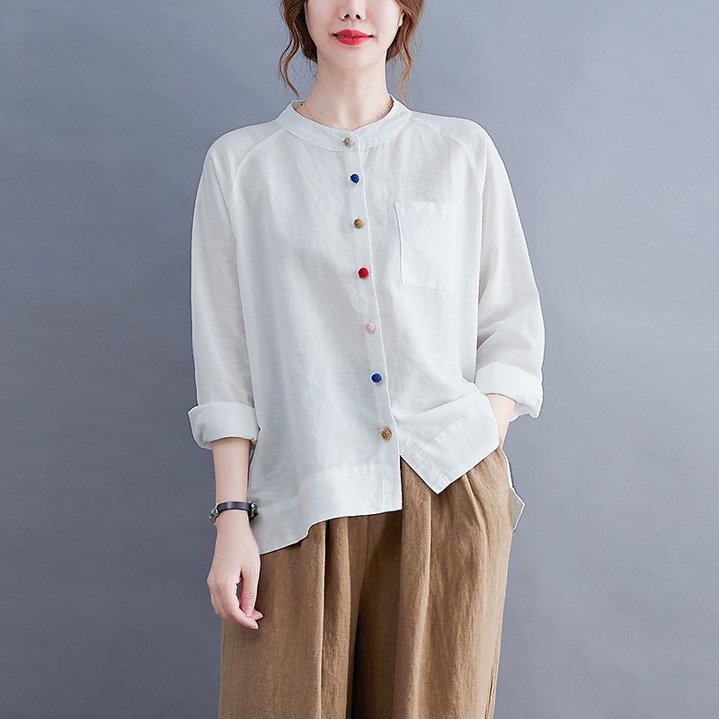 Camicie da donna in cotone e lino, Top a maniche lunghe chic di nicchia, Bottoni a disco da donna, Camicie larghe letterarie retrò