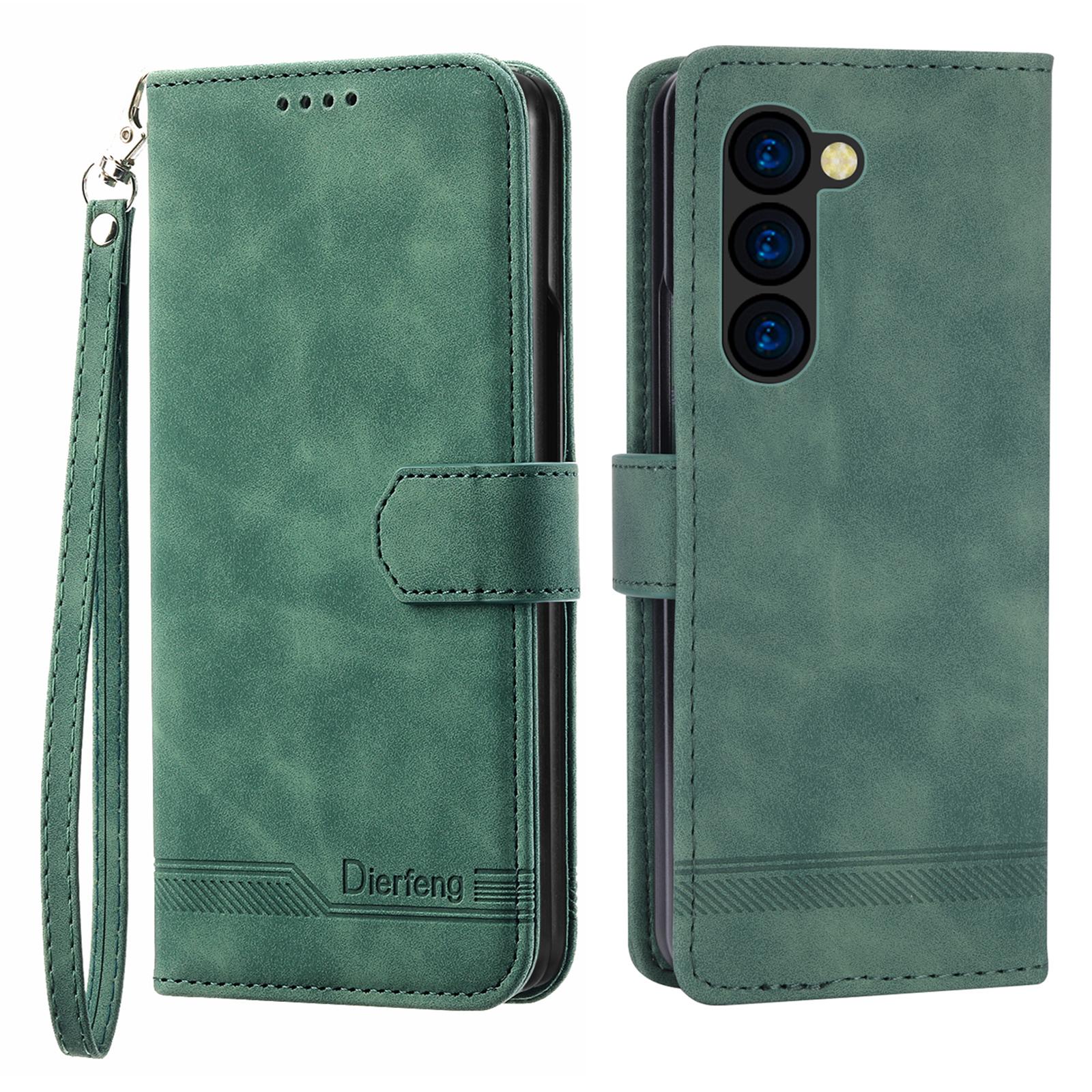 

DIERFENG DF-03 For Samsung Galaxy Z Fold6 5G Wallet Phone Case Lines Imprinted Leather Cover Green