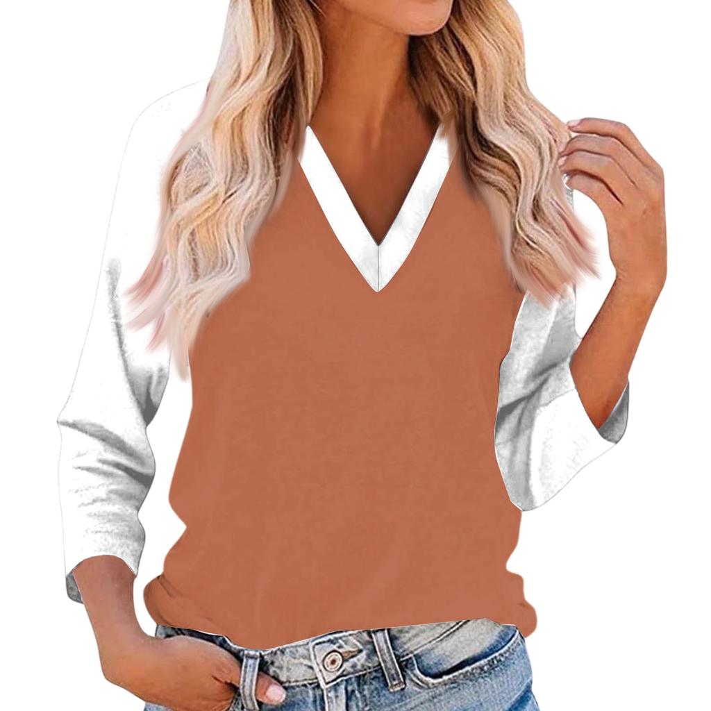 Women's Casual And Fashionable Patchwork V-Neck Top With Seven Quarter Sleeves Top