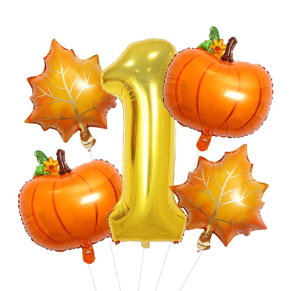 5pcs Autumn Pumpkin Maple Leaves Balloons Set 32inch Gold Number 0-9 Balloon Birthday Decorations Fall Festive Party Supplies