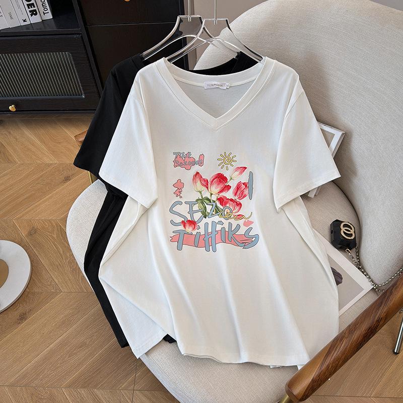 V-Neck Plus Size Slimming Loose Mid-Length Short-Sleeve Women s T-Shirt 5XL