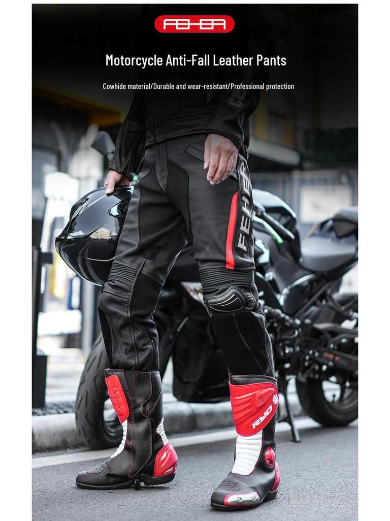 FEHER Spodnie motocyklowe - Odporne na upadki, Odporna na ścieranie skóra, Wodoodporne, Ciepła skóra bydlęca Ochrona zimowa.