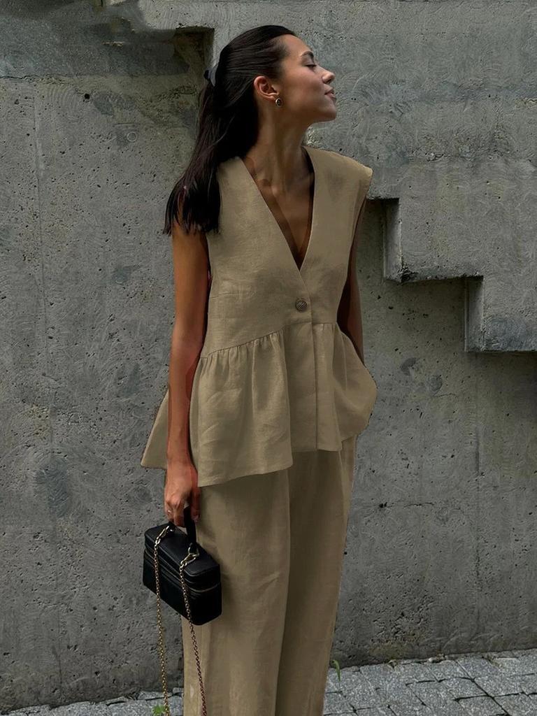 Cotton V-Neck Sleeveless Vest Top Long Pants Set Women's New Pure Color Temperament Commute Two-Piece Outfit