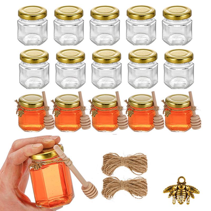 Hexagon Mini Glass Honey Jars 20 Sets Honey Bottle with Lid and Stirring Stick Blueberry Jam Container for Party Guests Gifts