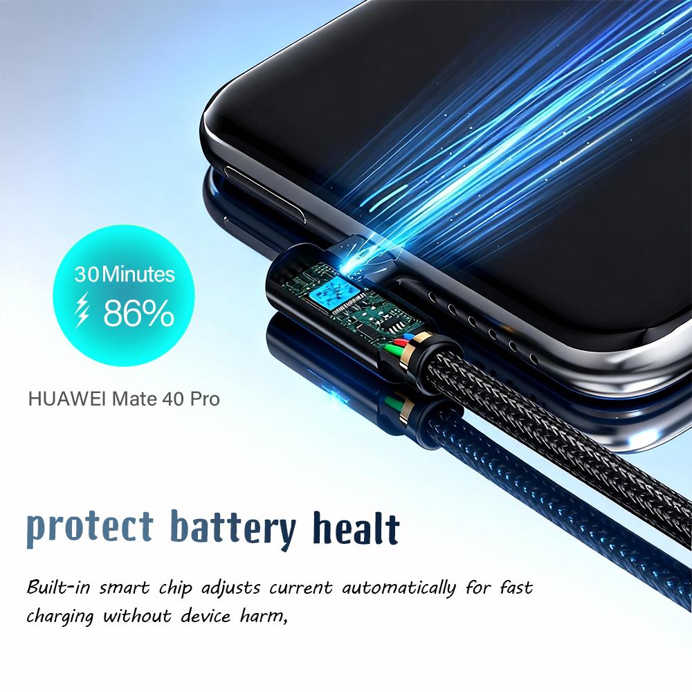 60W USB Type-C 90° Fast Charging Cable Degree Elbow Type-C Fast Charging Cord for Samsung Xiaomi Huawei OnePlus Android Devices