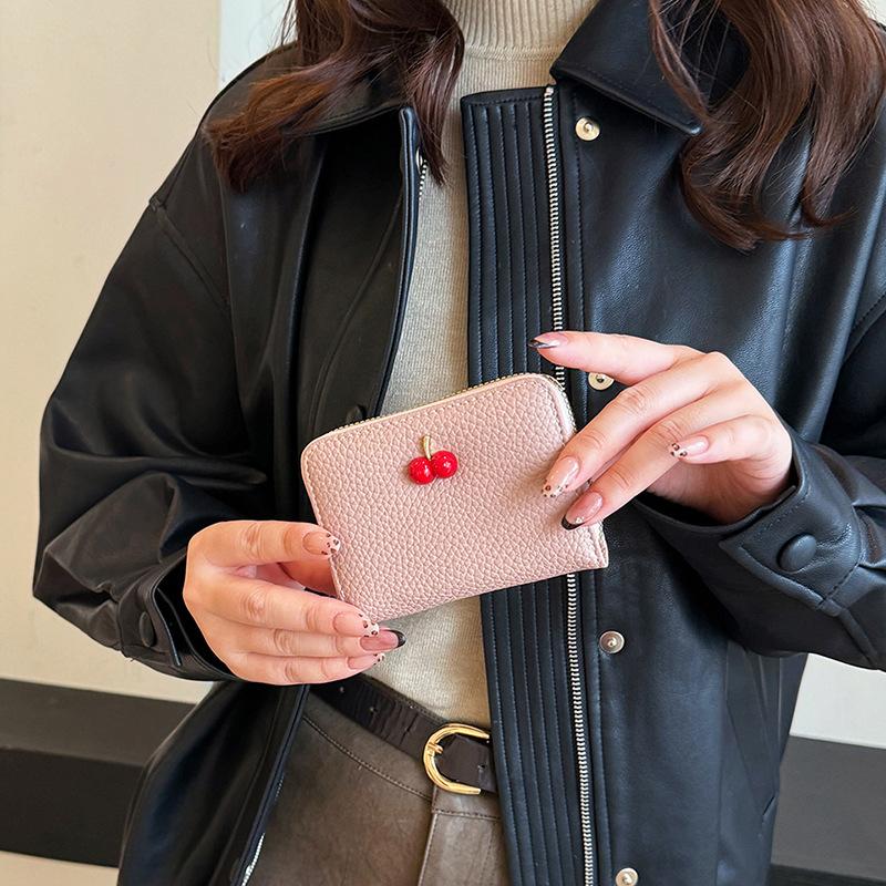 Zipper new women's cherry texture organ card bag multi-card wallet trendy solid color clutch bag