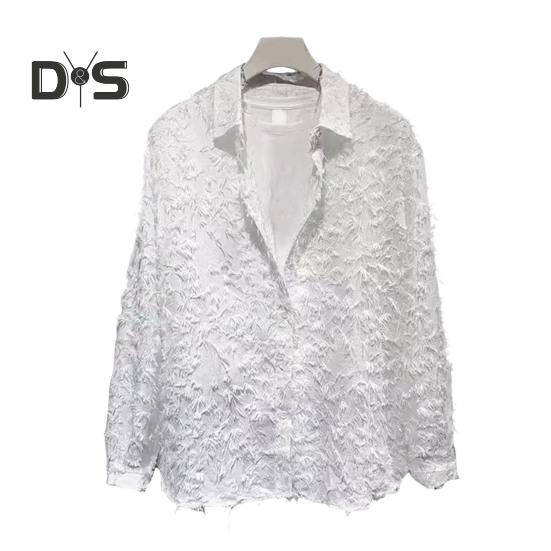 

Мужская рубашка с длинным рукавом, однотонная, пушистая, с кисточками, кардиган на пуговицах, средней длины, обычная посадка, уличная, клубная рубашка для повседневной носки, вечеринок, путешествий M белый