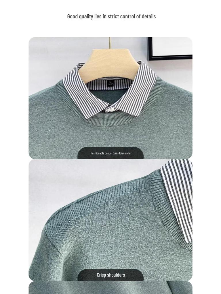 Men's High-End Faux Two-Piece Striped Sweater with Shirt Collar - Versatile Knit Base Layer for Autumn/Winter.