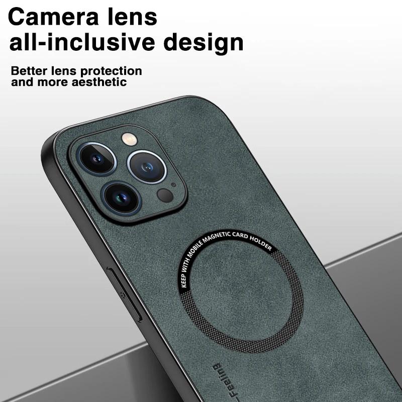 For Magsafe Wireless Charging Leather Case For iPhone 15 Pro Max 14 13 12 Pro Max Plus 11 Luxury Sheepskin Iron Ring Phone Cover
