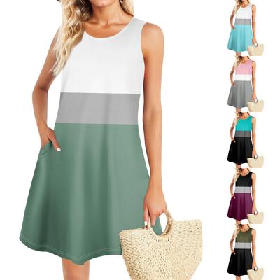 Sommerkleider für Frauen Strand Boho ärmellos Vintage Druck fließende Tasche T-Shirt Tank Sommerkleider