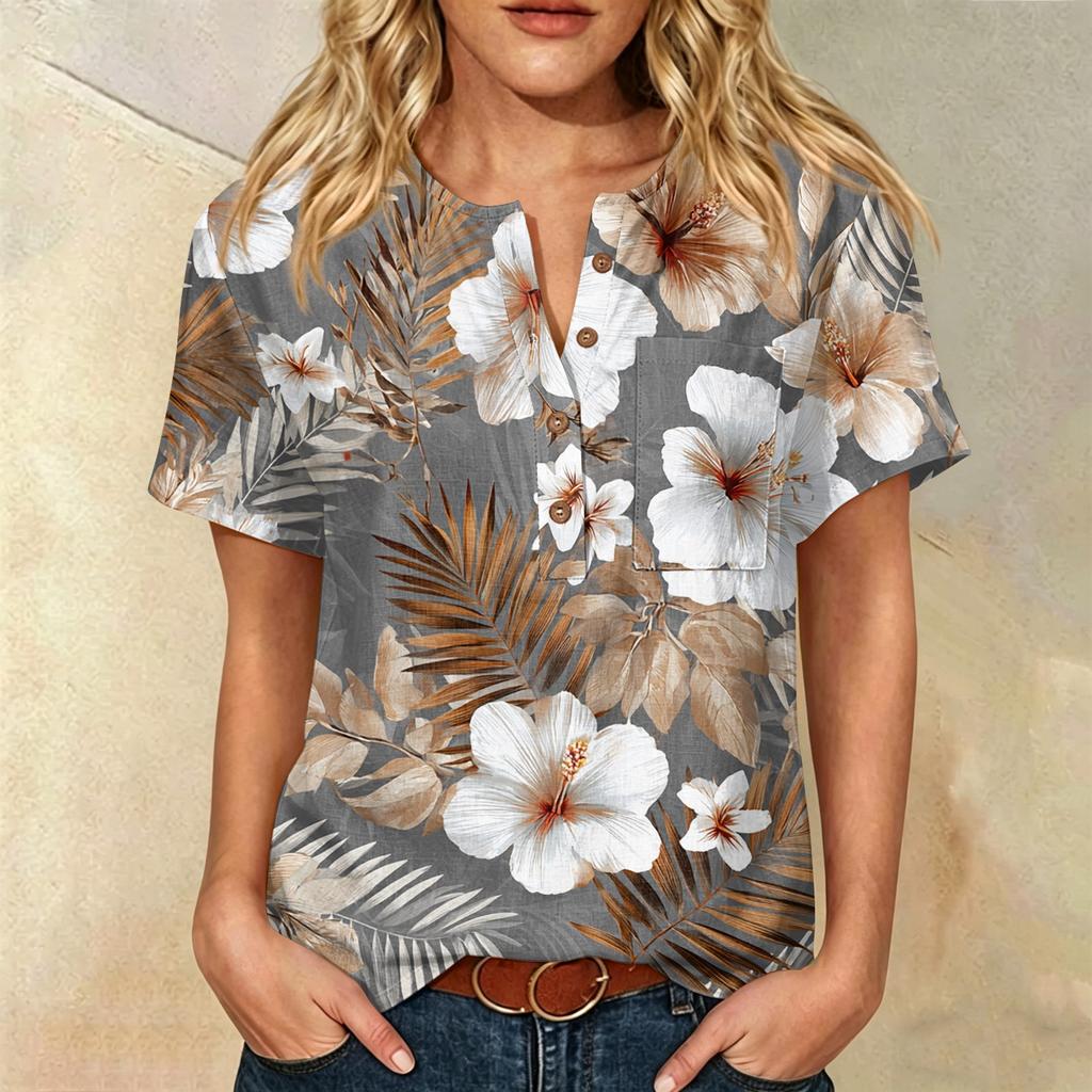 Damen Kurzarm Hemd aus Leinen-Baumwollmischung Henley Knopfleiste Brusttasche Blumendruck Lässiges Sommer Top