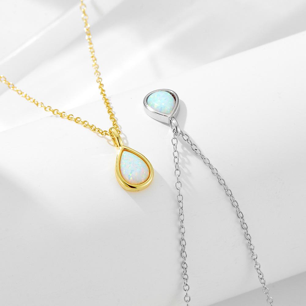 S925 Sterling Silver Geometric Pear Shape Opal Pendant Necklace Gold Plated Water Drop Pendant Clavicle Chain Necklace