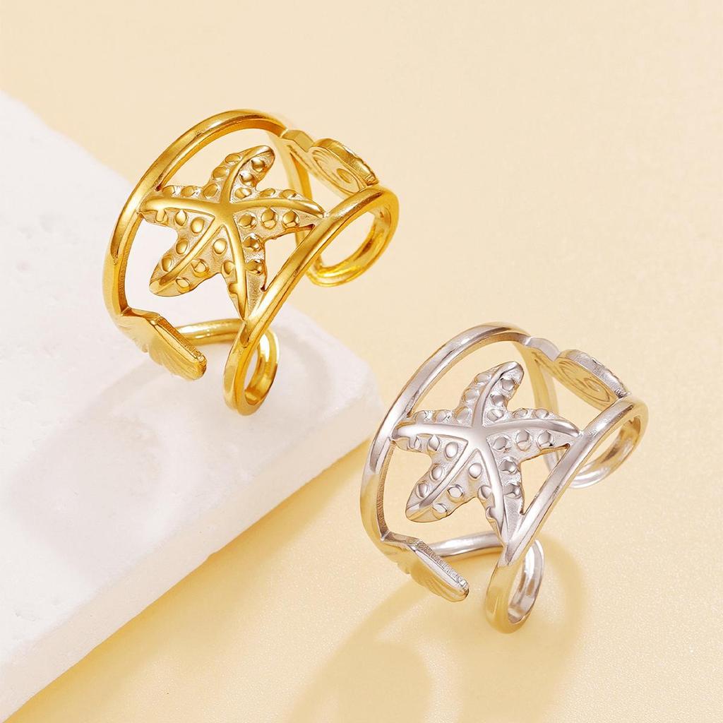 Fresh Ocean Resort Starfish & Shell Open Ring - Stainless Steel Jewelry for Women