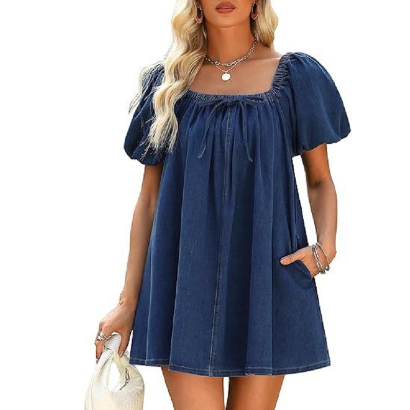 Kobiety Letnie Sukienki Jeansowe Kwadratowy Dekolt cJean Mini Sukienka
