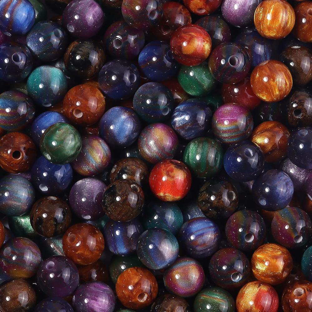 50 Stück 8mm Dunkle Farbe Imitation Katzenauge Harzperlen Glitzer Sternenhimmel Runde Lose Perlen Für Schmuckherstellung DIY Armbänder Halskette