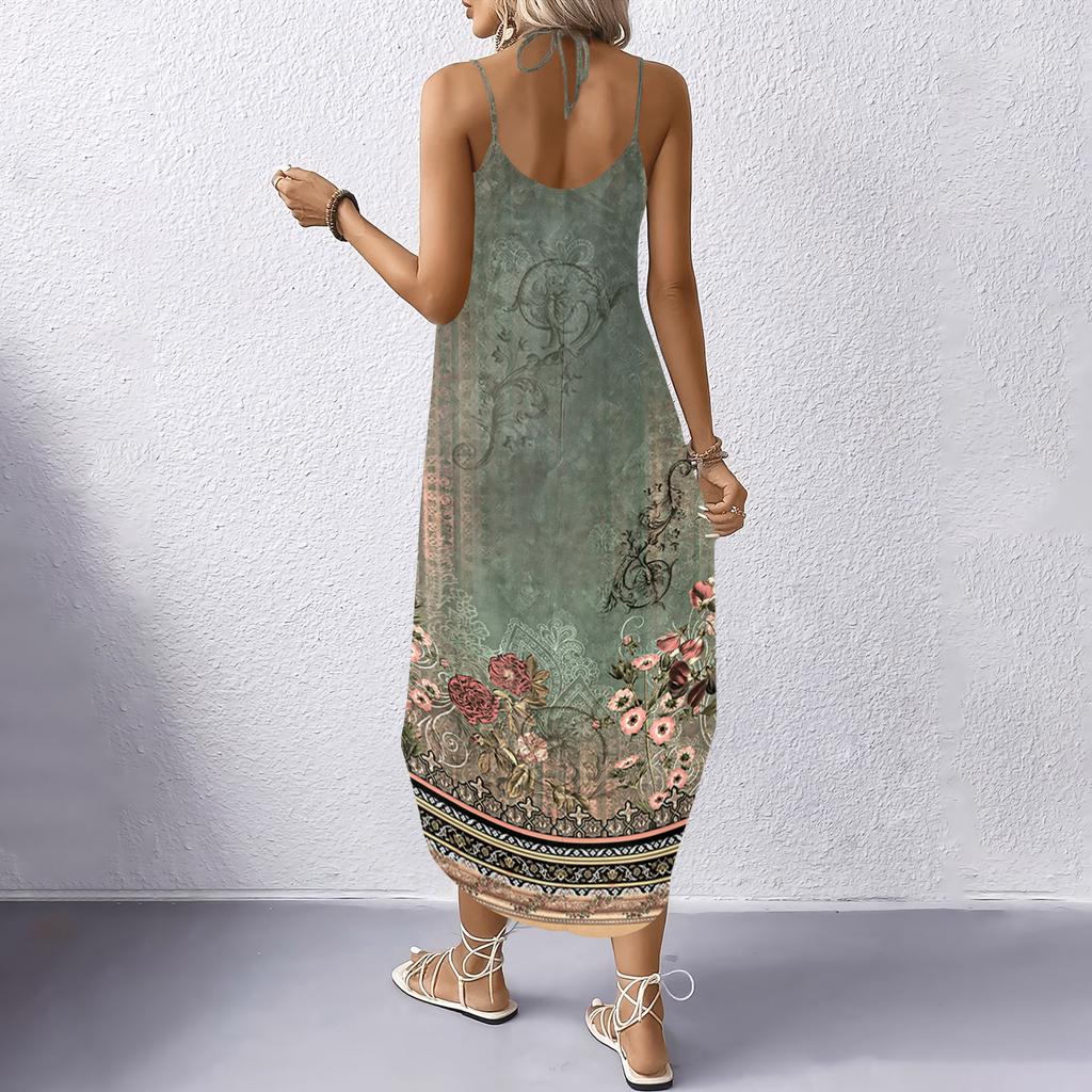Women V Neck Sleeveless Floral Print Maxi Dress with Pockets Casual Loose Fit Beach Long Sundress for Summer