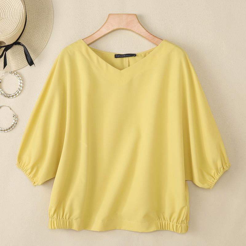 

ZANZEA Женская летняя блузка с V-образным вырезом, однотонная, с рукавами 3/4, повседневная M