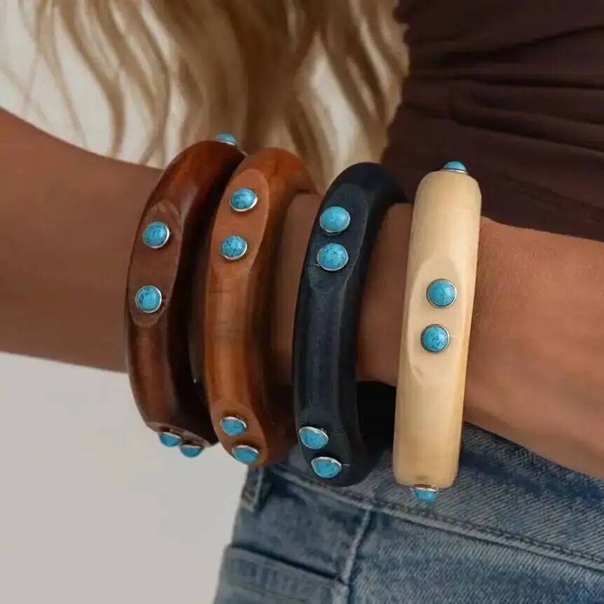 IngeSight.Z Classic Vintage Stackable Wooden Chunky Bangles for Women Punk Style Round Wide Bracelet Jewelry Accessories Gift