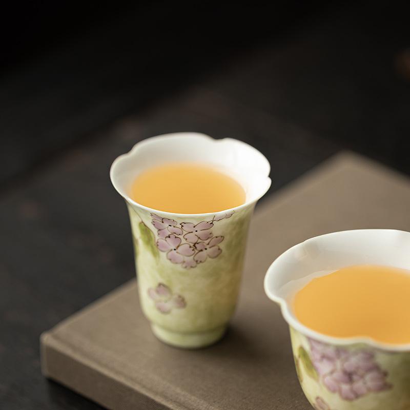 Hand-painted Hydrangea Tea Cup Household Ceramic Kung Fu Tea Set Chinese Master Cup Coaster Teaware Drinkware Kitchen Supplies