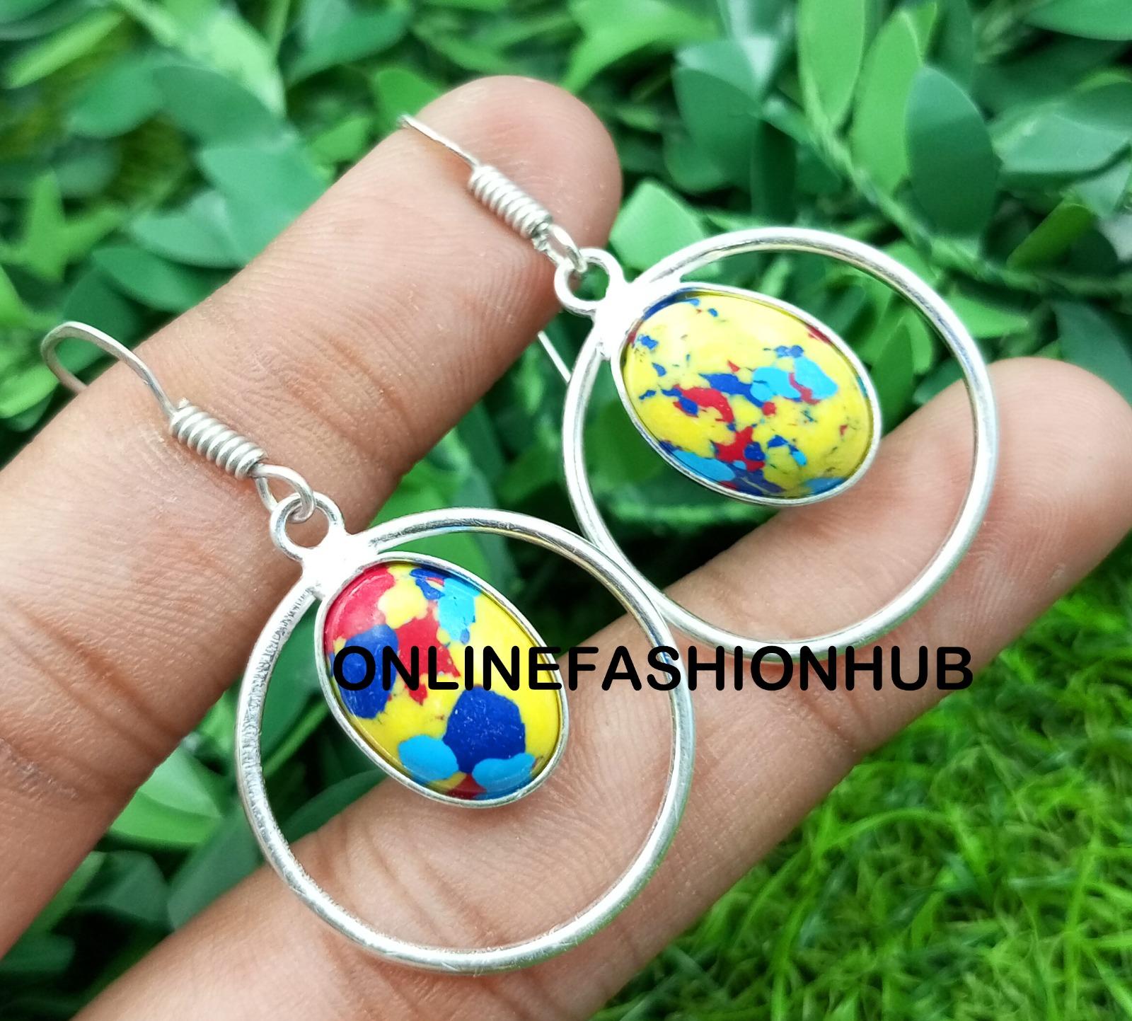 

Mosaic Jasper Gemstone 925 Sterling Silver Plated Oval Shape Bezel Amazing Earring
