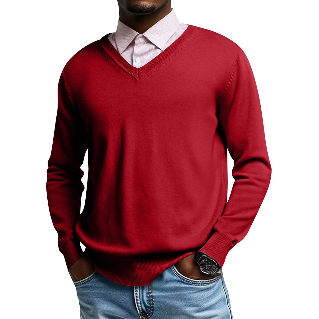 Męski dzianinowy top z dekoltem V i długim rękawem, codzienna wygoda, bluzka z długim rękawem