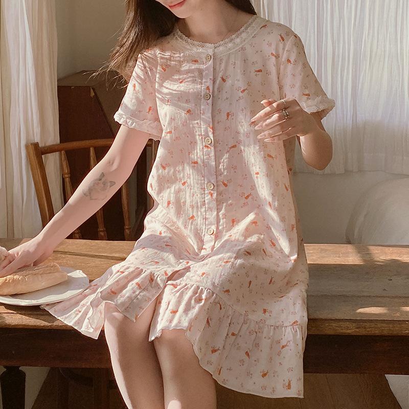 Vernis Short-sleeved Gauze Printed Cotton Yarn Nightdress Sweet Lace Loungewear Pure Cotton Pajamas Women's Summer Can Wear Outside