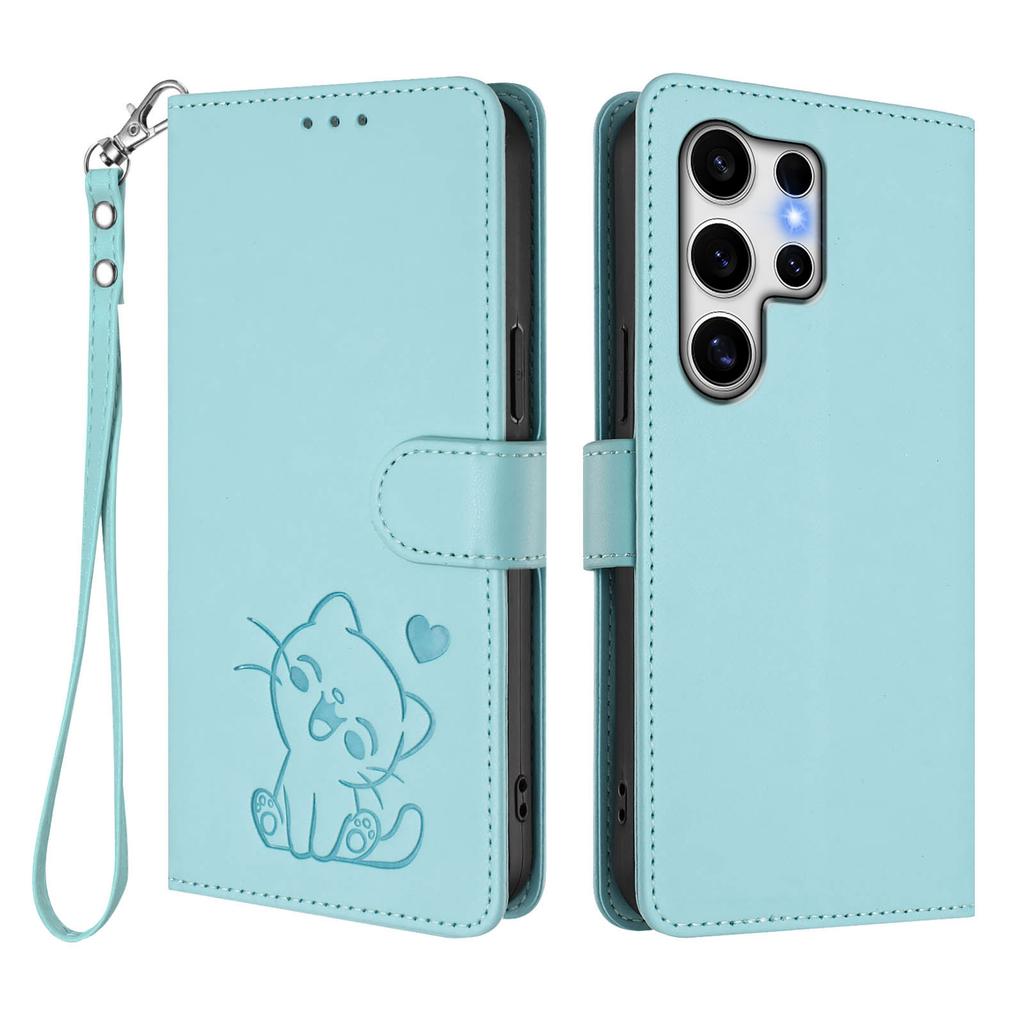 Für Samsung Galaxy S25 Ultra Brieftasche Hülle mit Handschlaufe Love Cat Muster Prägung Leder Handyhülle