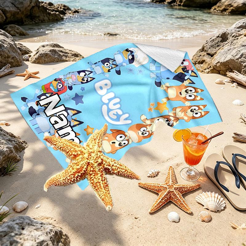 Custom Name Personalized Bluey Print Beach Towel, for Trip Camping Beach Party Home Decor, Birthday Gift for Family & Friends