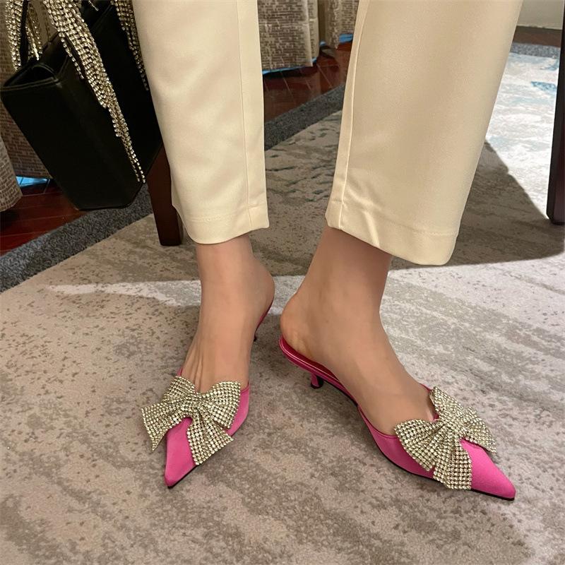 

Spring butterfly dish knot rhinestone pointed high heel bag head sandals women s thin heel half drag empty high heels single shoes 35 червоний