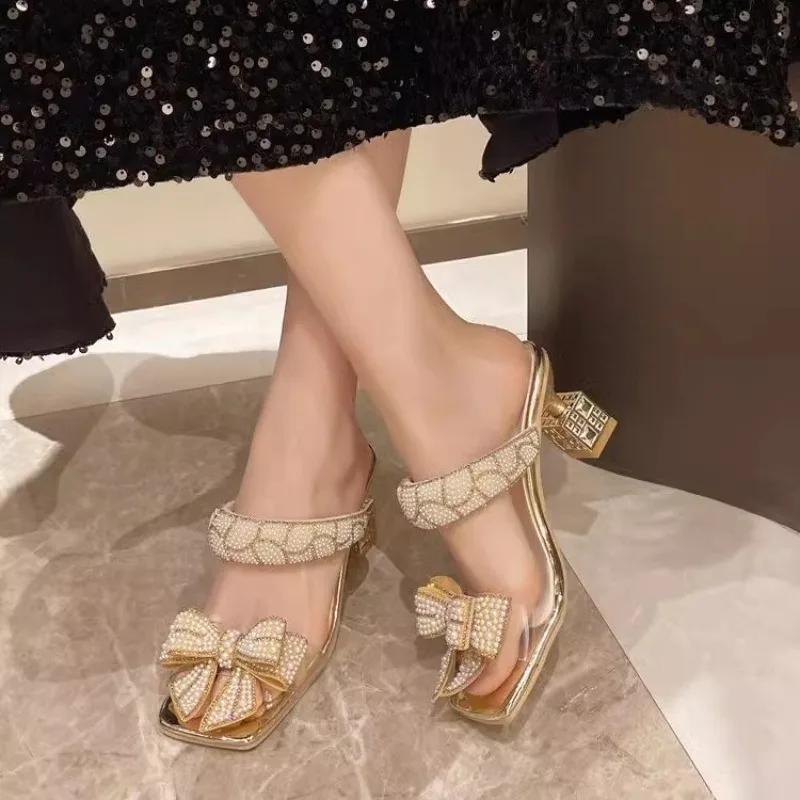 Fashion Fashion Women's Slippers Square Heel One Kick Sexy Bow Tie Sandals for Women Pearl Banquet Extra-shaped Heel Sandalias De Mujer