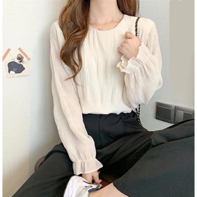 Chiffon Shirt with Pleated Flared Sleeves Blouse Women O Neck Solid Loose Versatile Long Sleeved Shirt Top