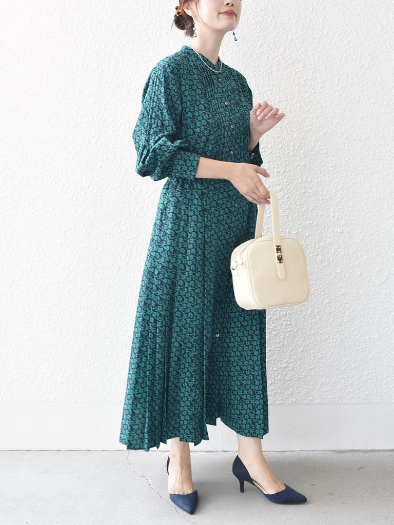 SHIPS for Women Web Hand Polka Band Side Dark Size M Dress, Exclusive, Washable, Dot/Floral Print, Collar, Pleats, Women's, 314514409, Green,