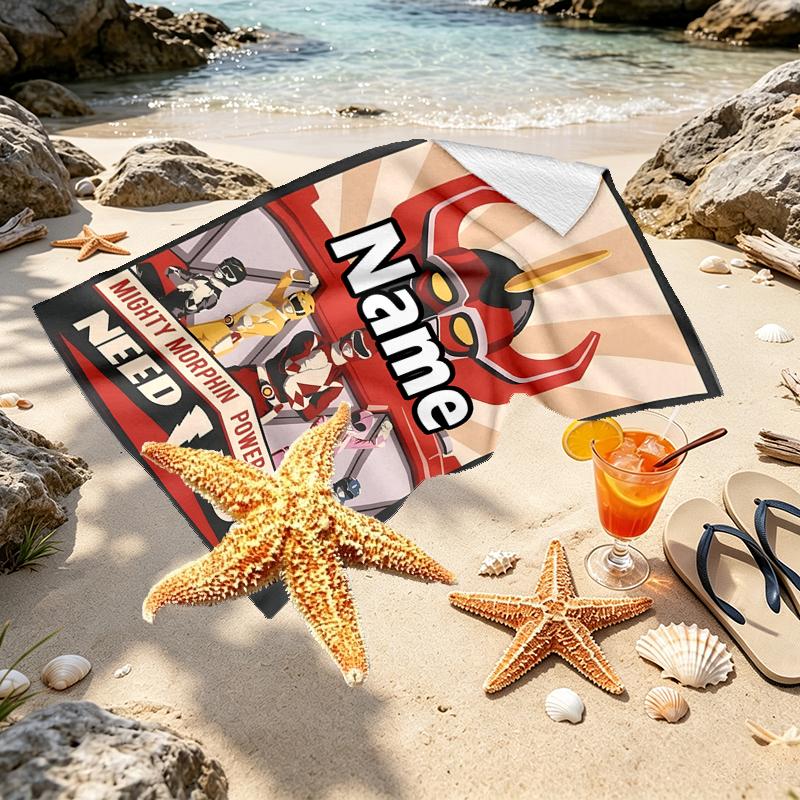Custom Name Personalized Mighty Morphin Power Rangers Print Beach Towel, for Trip Camping Beach Party Home Decor, Birthday Gift for Family & Friends