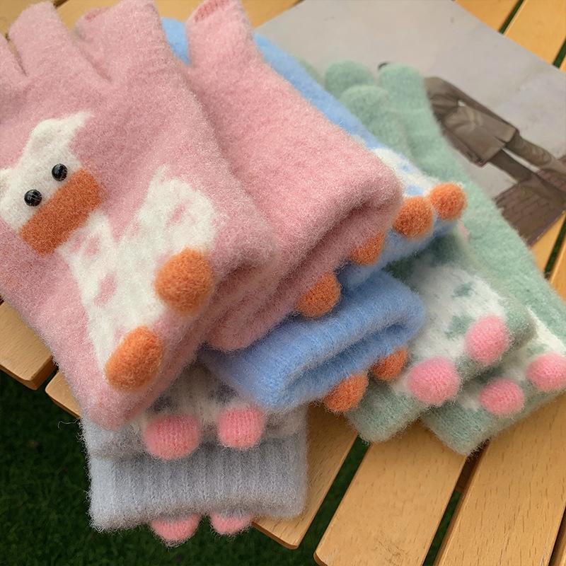 Cartoon Touchscreen-Handschuhe für Mädchen, verdickt für den Winter, niedlich und warm. Paar Studenten Kältefest Gestrickte Wolle Radfahren mit Fünf Fingern