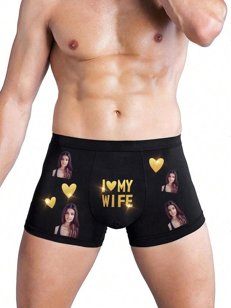 Personalizowana męska bielizna bokserska z nadrukiem w kształcie serca, elastyczna i miękka, wygodna, spersonalizowana, idealny prezent dla chłopaka/męża