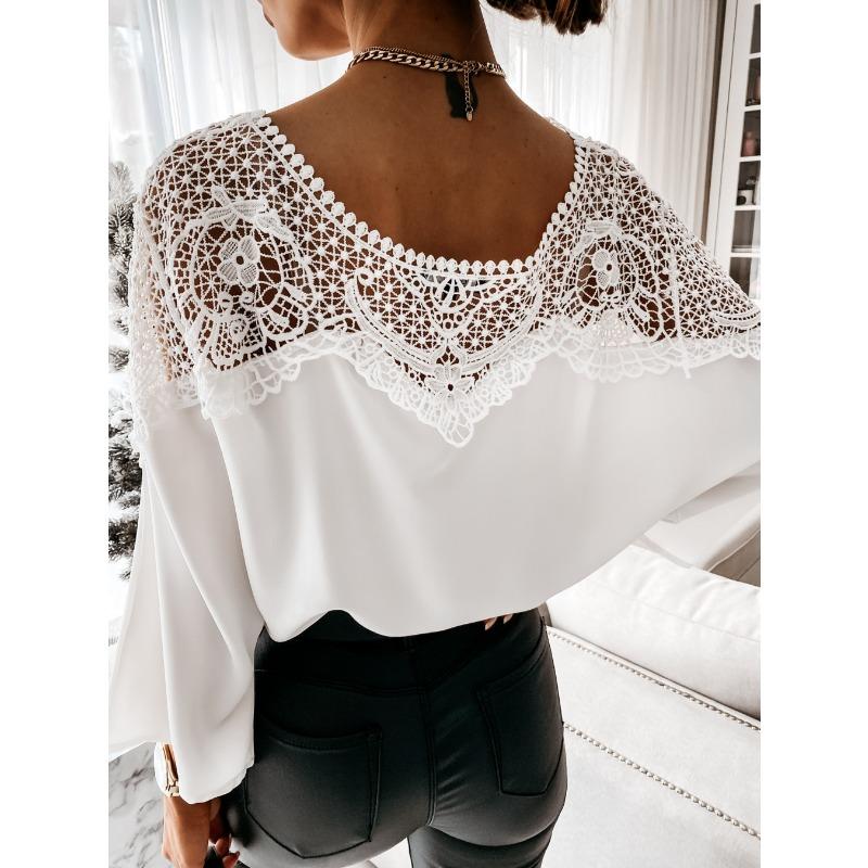 Camicia in Pizzo a Maniche Lunghe da Donna Primavera e Autunno Tinta Unita Top da Lavoro Girocollo Camicetta Piccola