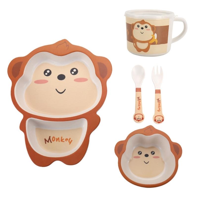 

5 Piece Kids Divided Meal Tray Bamboos Fiber Heat Resistant Plate Bowl Cup Spoon Fork for School Lunches and Home Dining